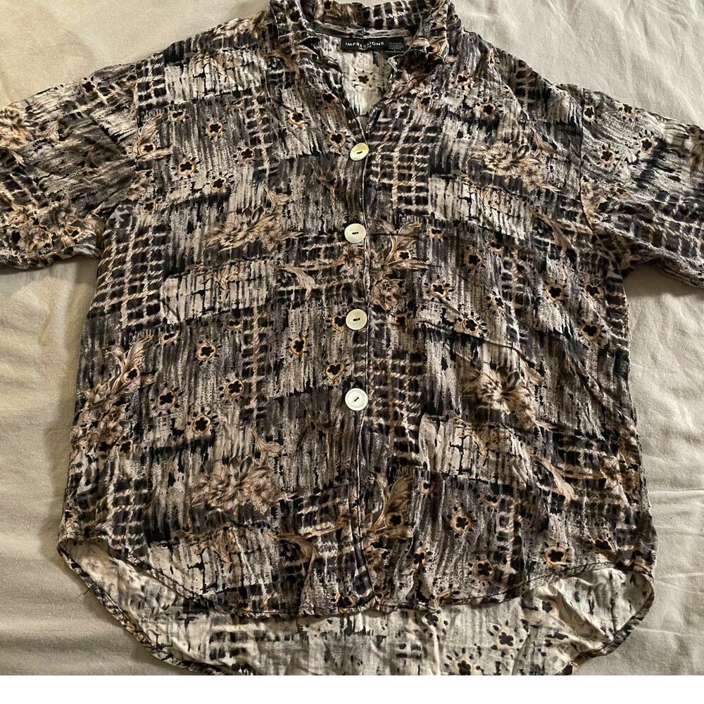 Vtg. Impressions Burn Out Modern Floral Print Short Sleeve Top SZ L